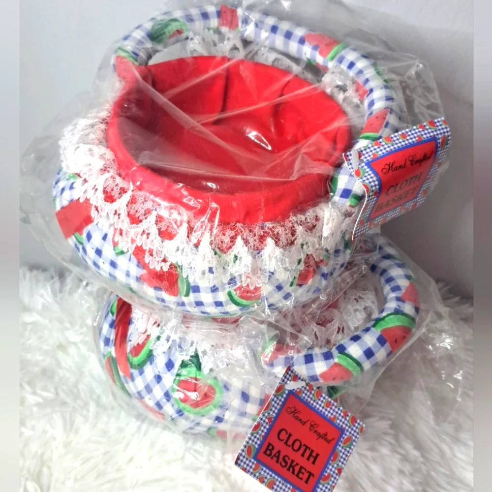 Hand Crafted Watermelon Red and Blue Cloth Basket Bundle NWT